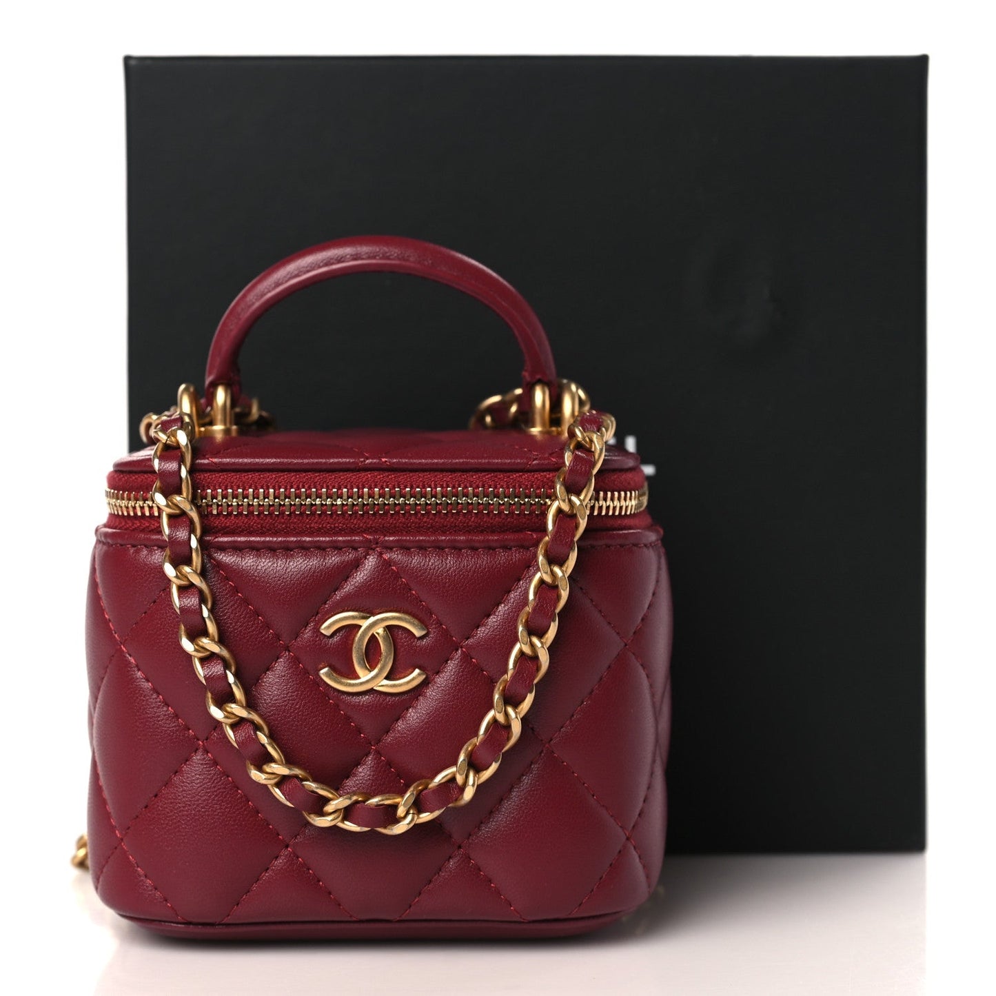 Lambskin Quilted Mini Top Handle Vanity Case With Chain Burgundy