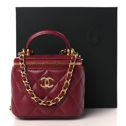 Lambskin Quilted Mini Top Handle Vanity Case With Chain Burgundy