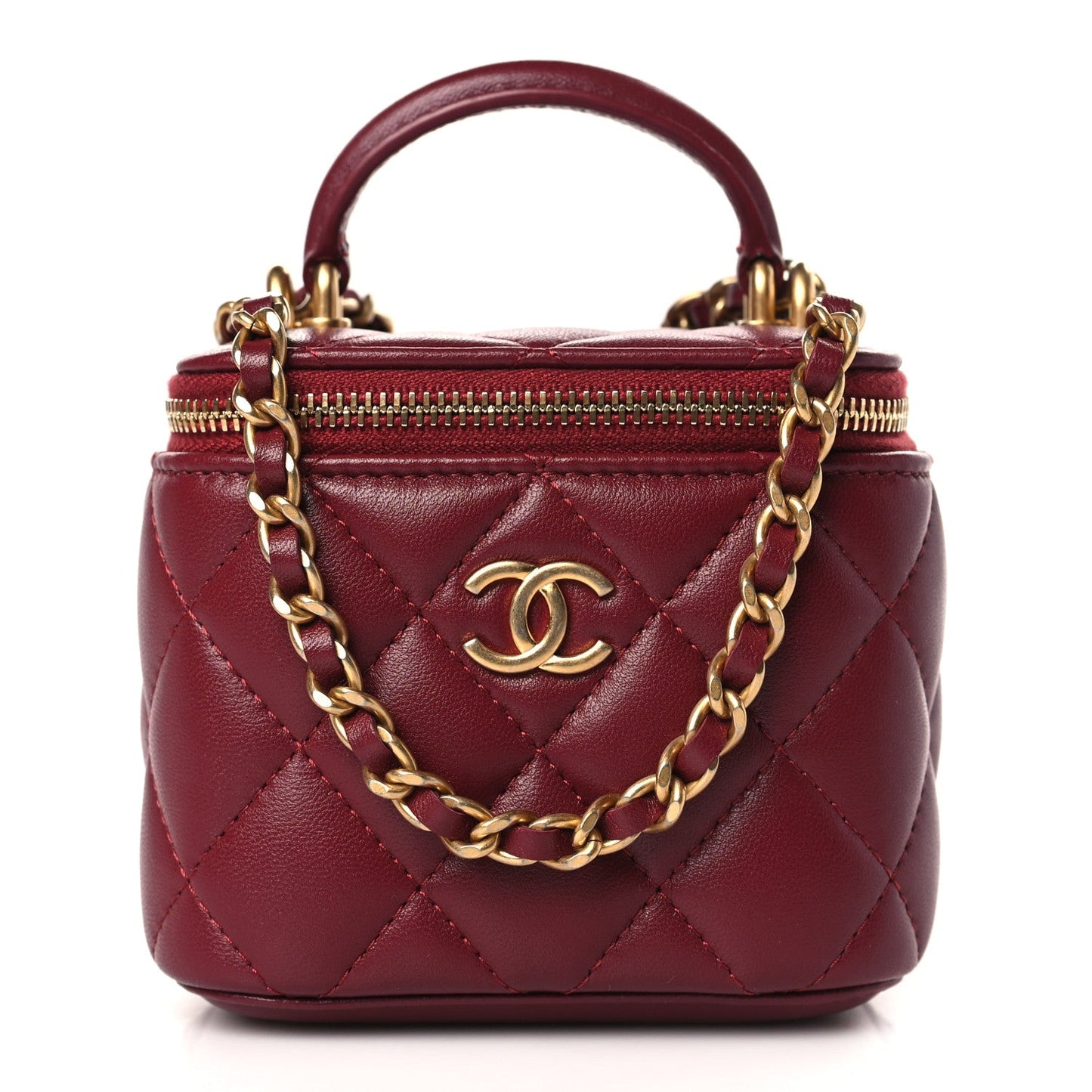 Lambskin Quilted Mini Top Handle Vanity Case With Chain Burgundy