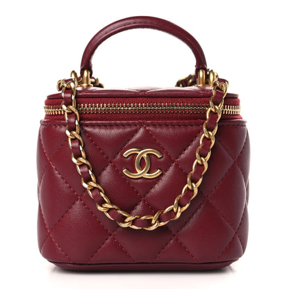 Lambskin Quilted Mini Top Handle Vanity Case With Chain Burgundy