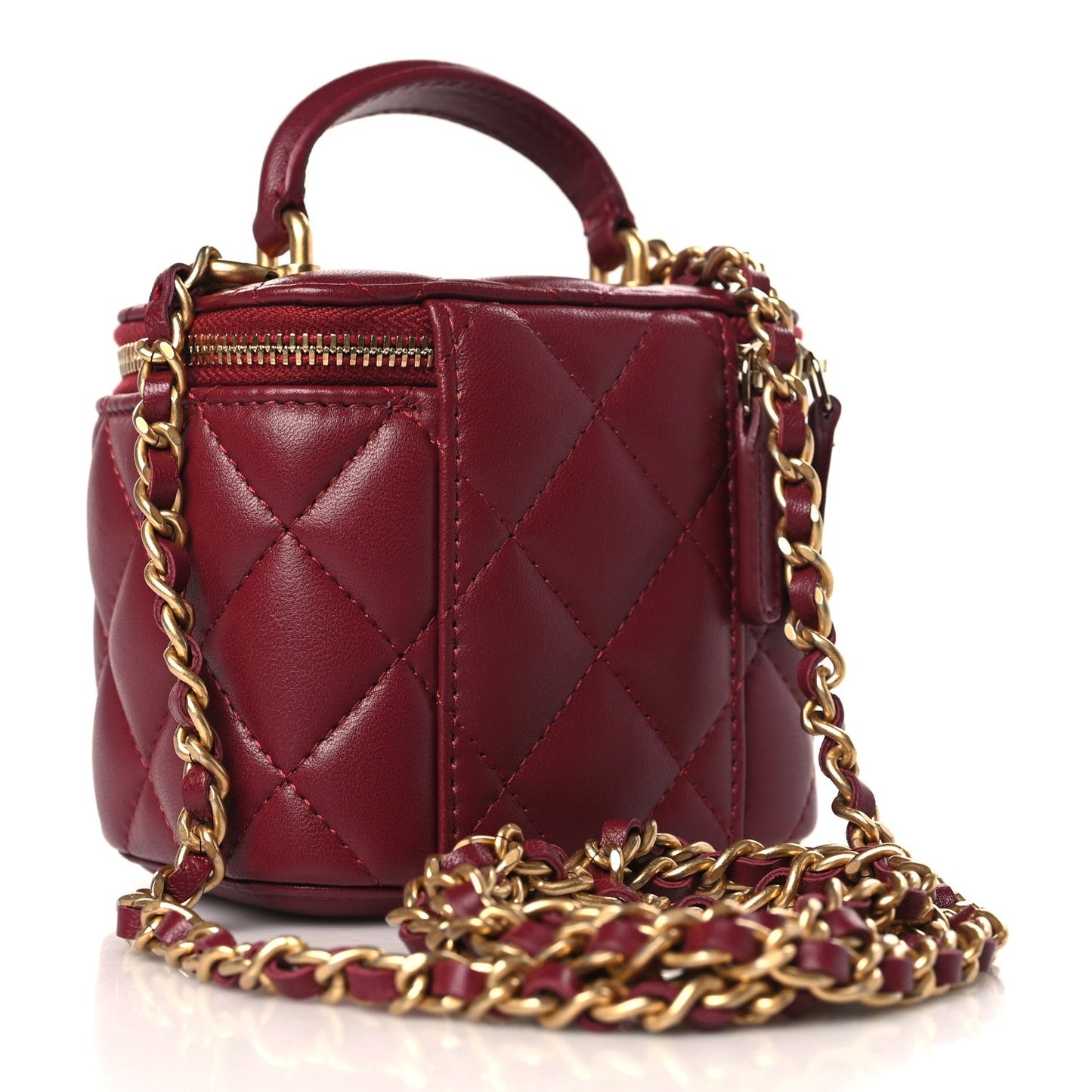 Lambskin Quilted Mini Top Handle Vanity Case With Chain Burgundy